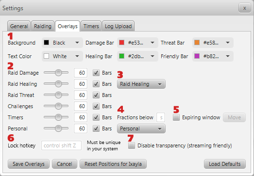 StarParse - Overlays Settings (1: Colors, 2: Opacity, 3: Modes, 4+5: Timers, 6: Lock hotkey, 7: Streaming)